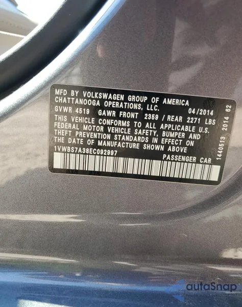 2014 Volkswagen Passat Se z USA, uszkodzony, nr VIN 1VWBS7A38EC092997